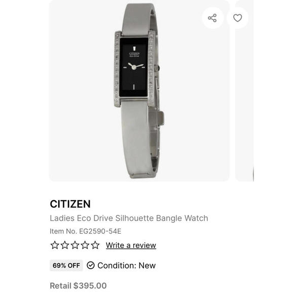 Citizen Accessories - Citizen Eco-Drive Rectangular Crystal Bangle Watch Black Dial Silver Tone